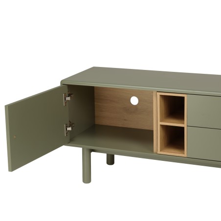 ETHAN - Green TV cabinet with 1 door, 2 drawers and 2 shelves in natural wood
