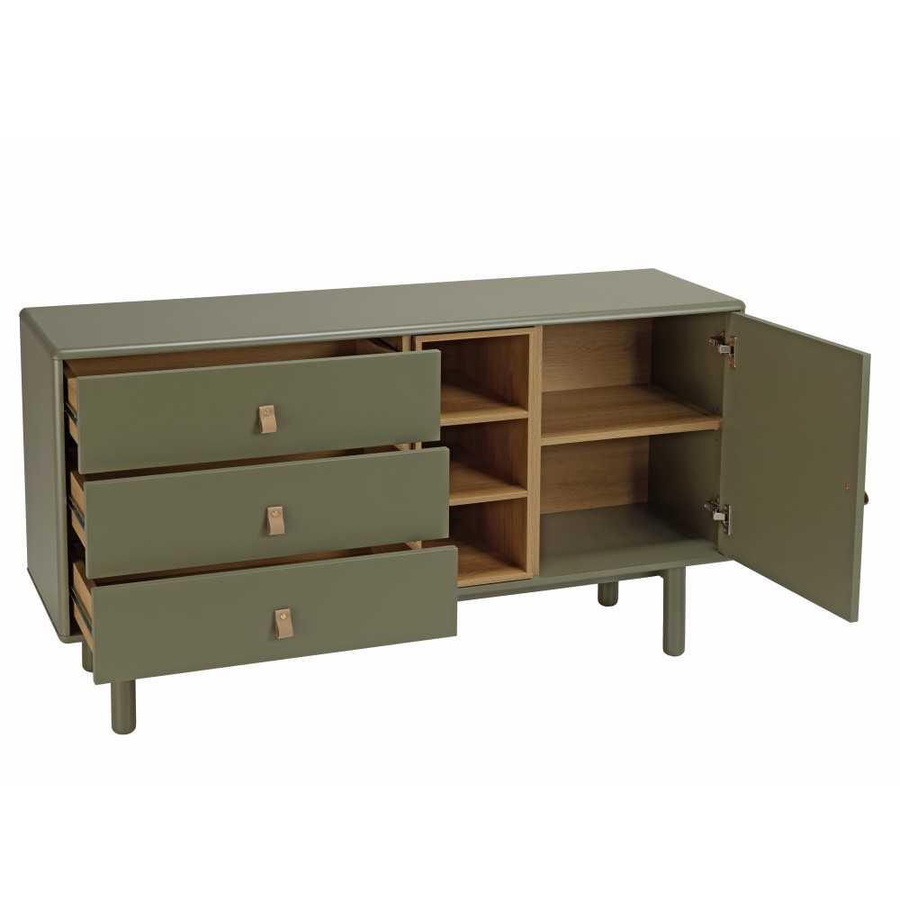 Green sideboard with 1 door, 3 drawers and 3 compartments in natural wood -  ETHAN