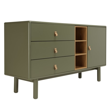 Buffet vert 1 porte 3 tiroirs 3 niches bois naturel - ETHAN