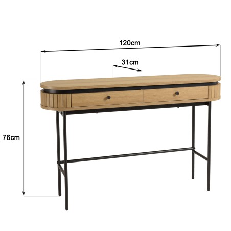 Rounded console table in natural colour with 2 drawers and black metal legs - ETHAN