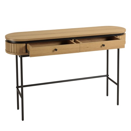 Rounded console table in natural colour with 2 drawers and black metal legs - ETHAN