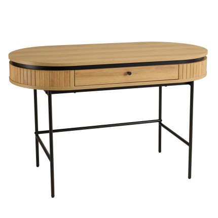 Natural-coloured rounded desk with 1 drawer and black metal legs - ETHAN