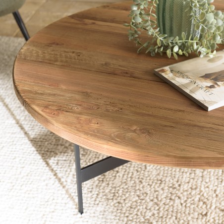 Round coffee table 90x90cm recycled pine wood and black metal legs - DANDY