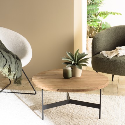 Round coffee table 70x70cm recycled pine wood and black metal legs - DANDY