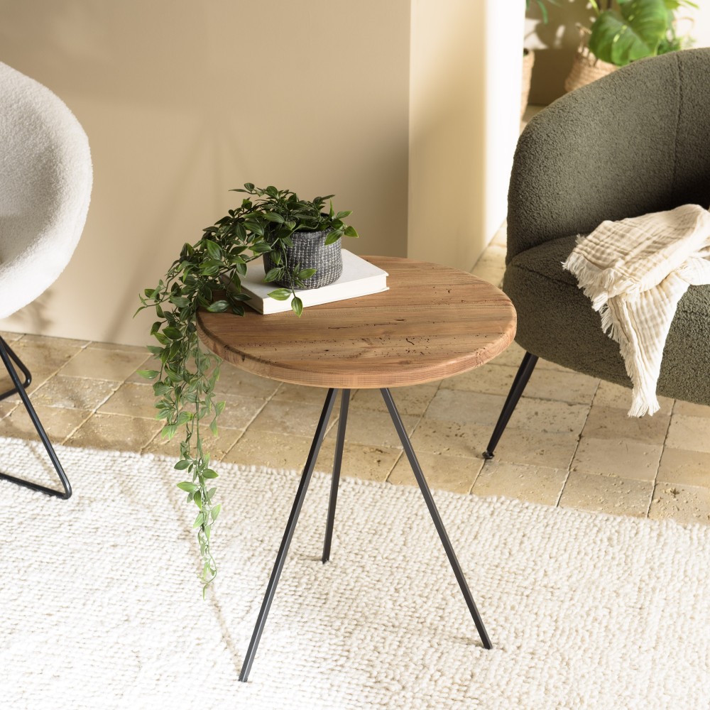 DANDY - Table basse ronde 70x70cm bois Pin recyclé et pieds métal noir DANDY - Table basse ronde 70x70cm bois Pin recyclé et pieds métal noir