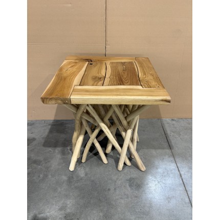 SECONDE MAIN - Table d'appoint nature - plateau carré 55x55cm Teck pieds bois flotté