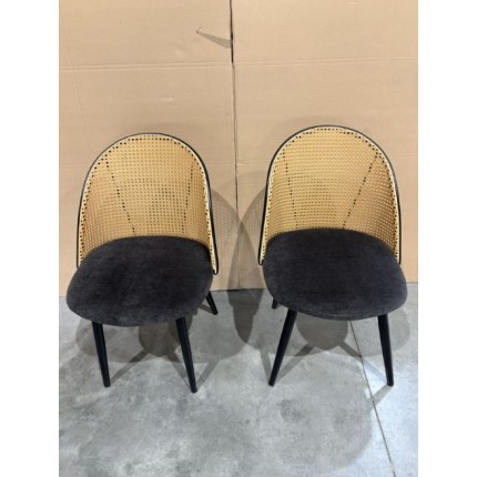 LEA Set of 2 Chairs - Black Fabric Seat and Cane-Effect Backrest