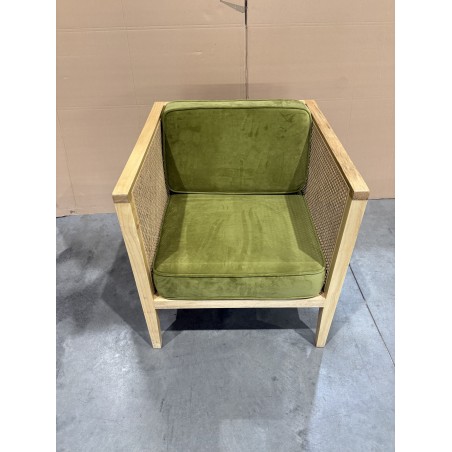SECONDE MAIN - Fauteuil cannage assise amovible velours vert
