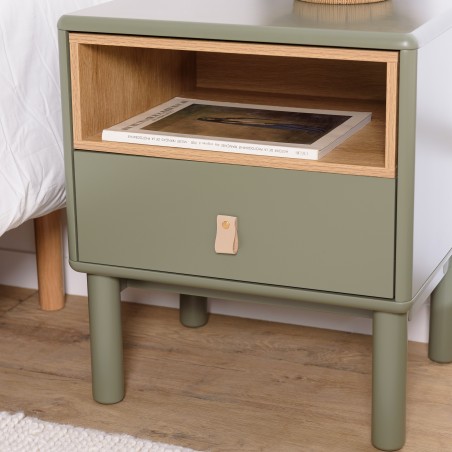 Green bedside table with 1 drawer and 1 shelf in natural wood ETHAN