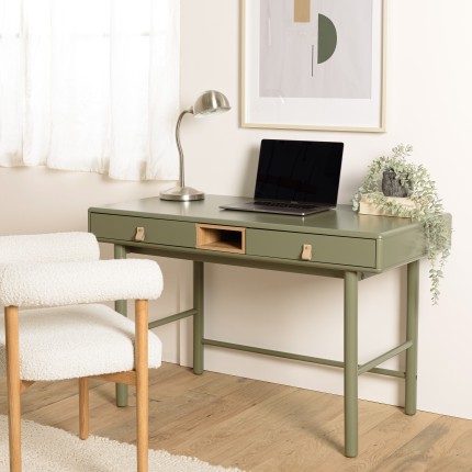 ETHAN - Green desk with 2 drawers and 1 niche in natural wood