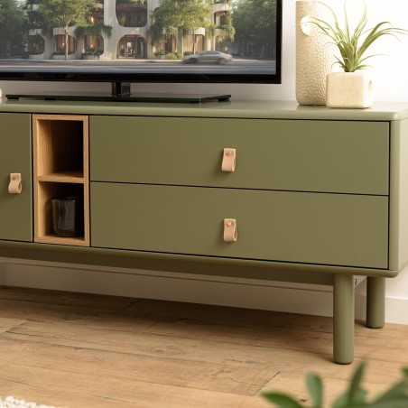 Meuble TV vert 1 porte, 2 tiroirs et 2 niches en bois naturel - ETHAN