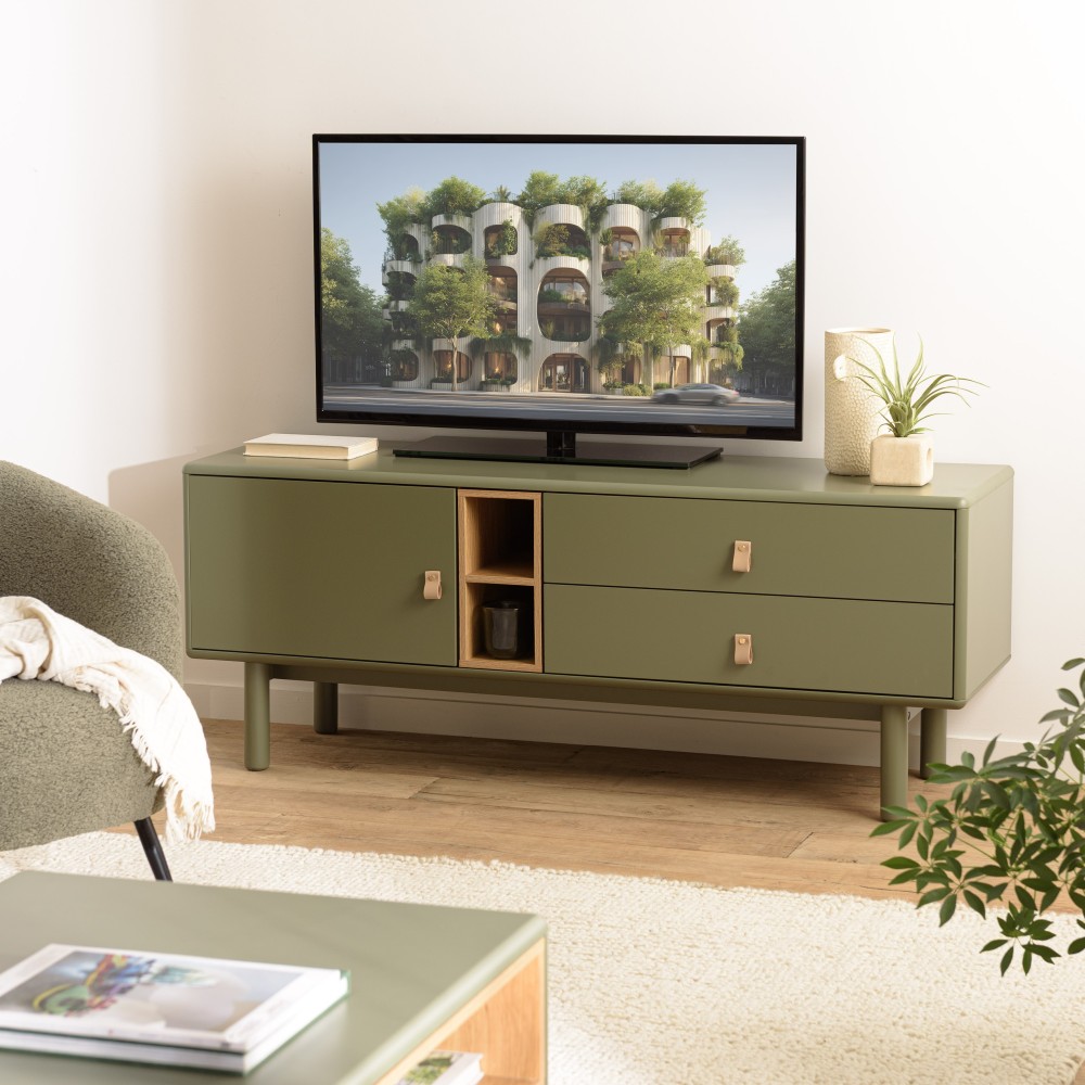 Meuble TV vert 1 porte, 2 tiroirs et 2 niches en bois naturel - ETHAN Meuble TV vert 1 porte, 2 tiroirs et 2 niches en bois naturel - ETHAN