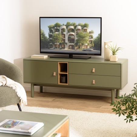 Meuble TV vert 1 porte, 2 tiroirs et 2 niches en bois naturel - ETHAN