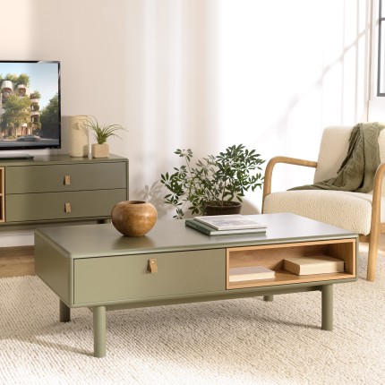 Green coffee table with 2 drawers and 2 compartments in natural wood - ETHAN