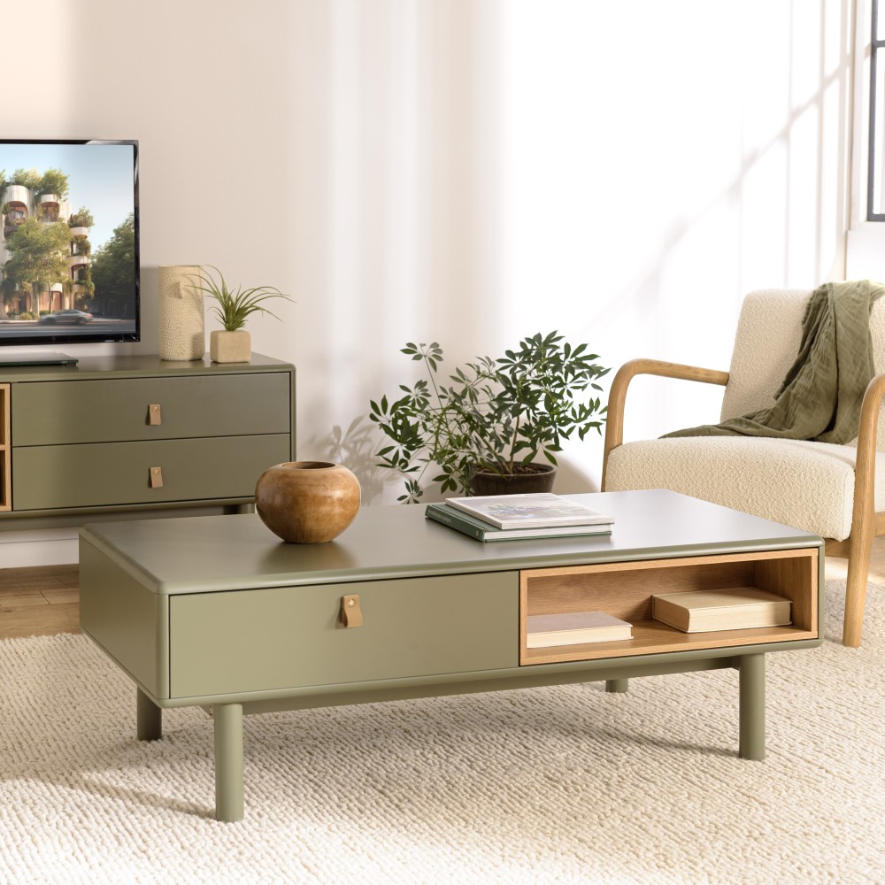 Table basse verte 2 tiroirs et 2 niches en bois naturel - ETHAN Table basse verte 2 tiroirs et 2 niches en bois naturel - ETHAN