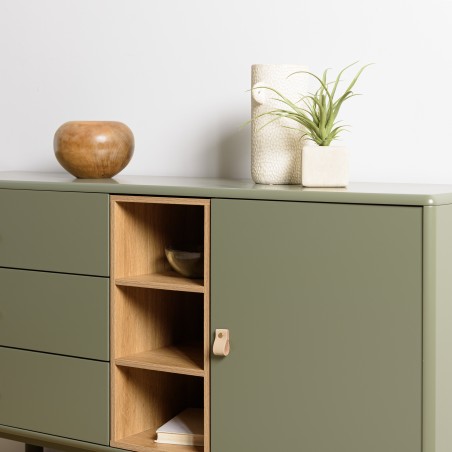 Green sideboard with 1 door, 3 drawers and 3 compartments in natural wood - ETHAN