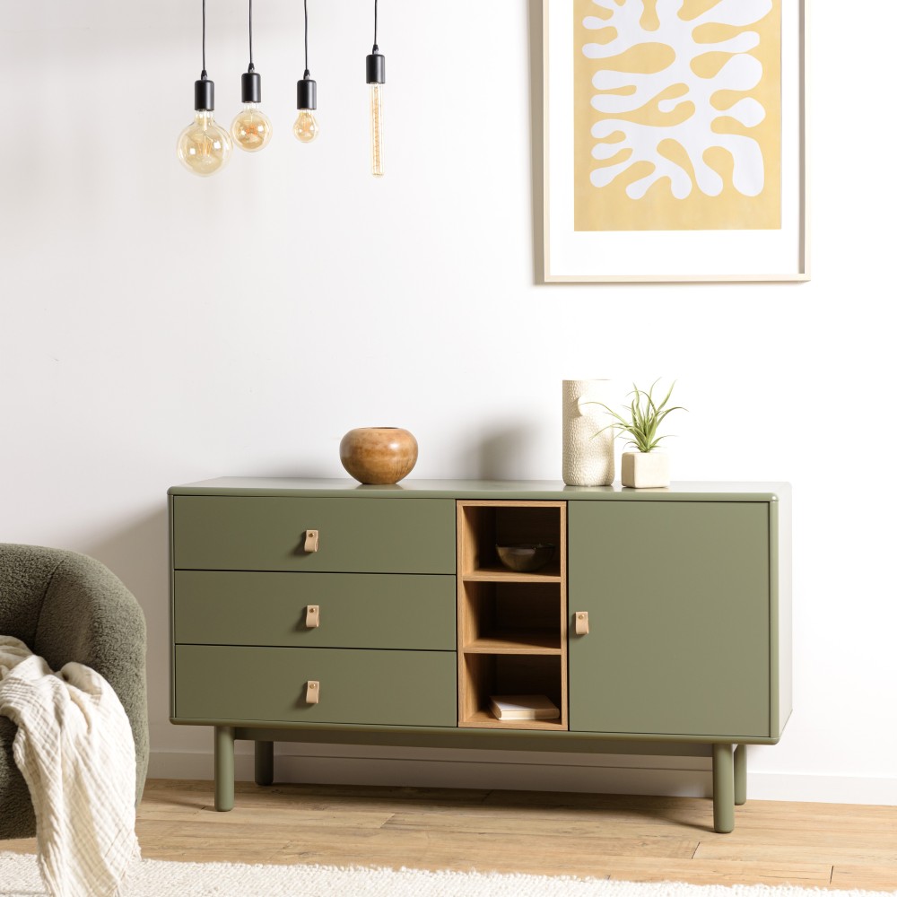 Buffet vert 1 porte 3 tiroirs 3 niches bois naturel - ETHAN Buffet vert 1 porte 3 tiroirs 3 niches bois naturel - ETHAN