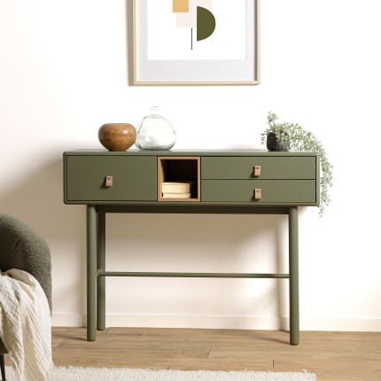 Green console table with 3 drawers and 1 niche in natural wood - ETHAN