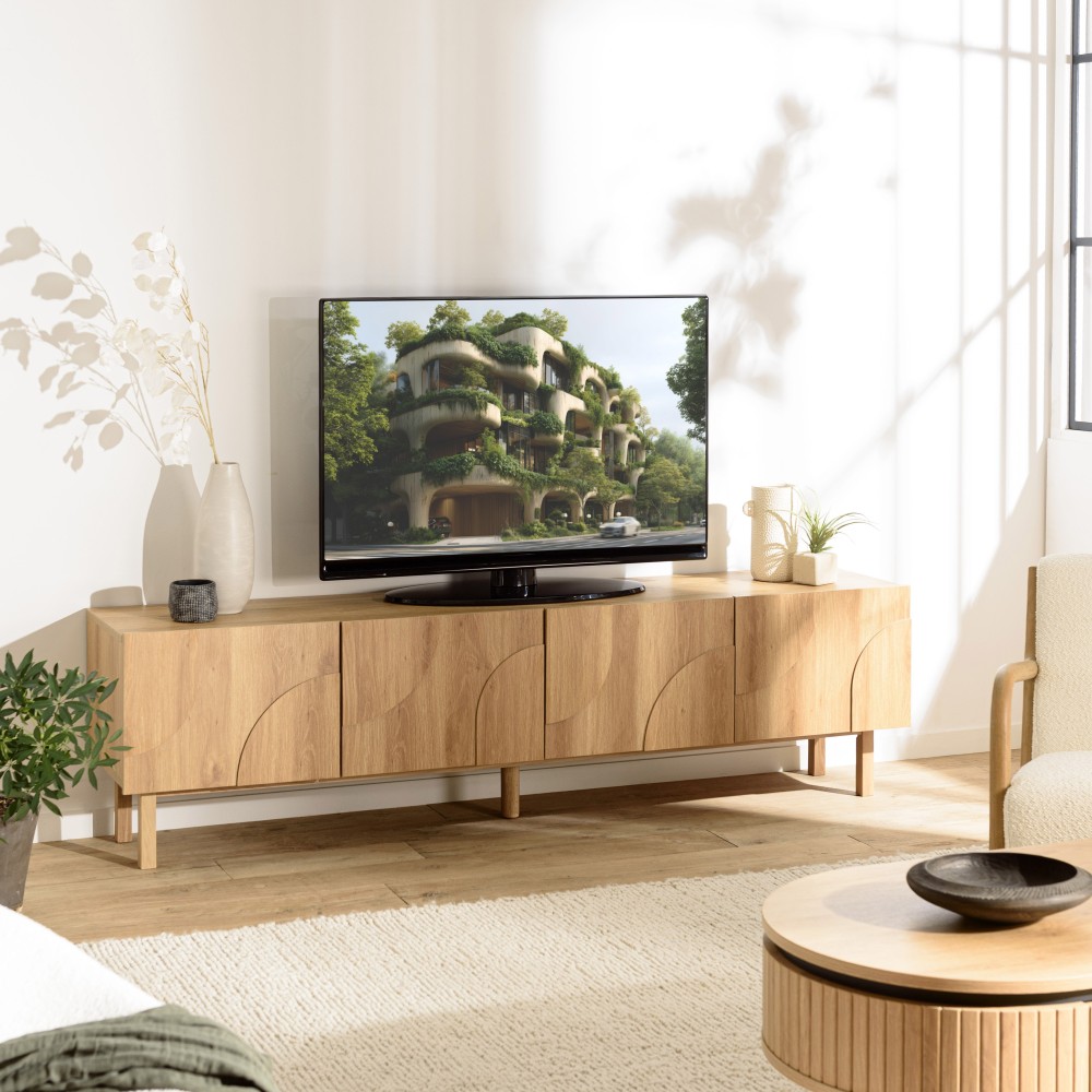 ETHAN - Meuble TV couleur naturelle 4 portes décor motif arrondi ETHAN - Meuble TV couleur naturelle 4 portes décor motif arrondi