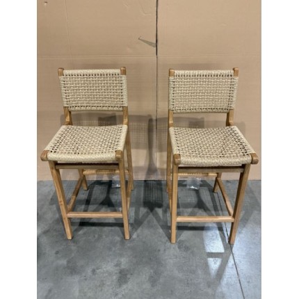 SECONDE MAIN - Lot de 2 tabourets bar de jardin teck rotin synthétique beige