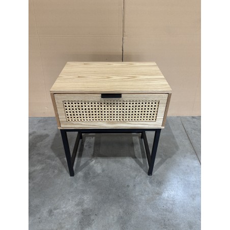 MARCEAU Bedside Table with 1 Drawer - Natural Cane and Black Metal Legs