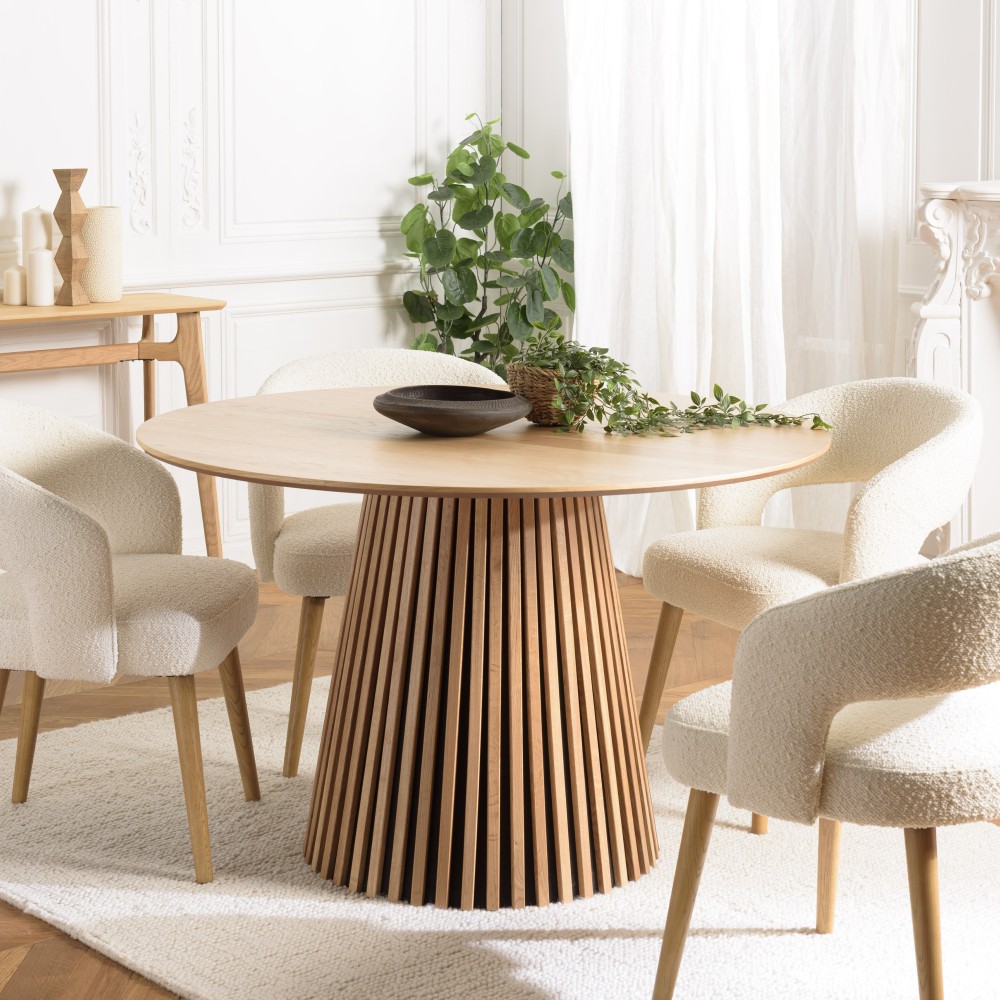 Table à manger ronde D120 décor et chêne naturel pied à motif strié - SYA Table à manger ronde D120 décor et chêne naturel pied à motif strié - SYA