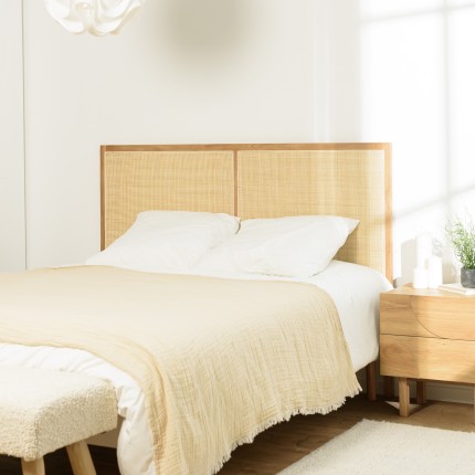 Headboard in natural rattan and solid oak for 140/160 cm beds - SYA