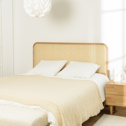 Tête de lit bords arrondis rotin naturel chêne massif 140/160cm