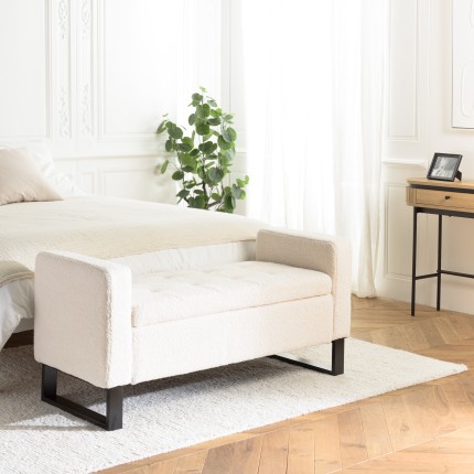 Ecru bouclé fabric bench with storage and black metal legs - LEOPOLD