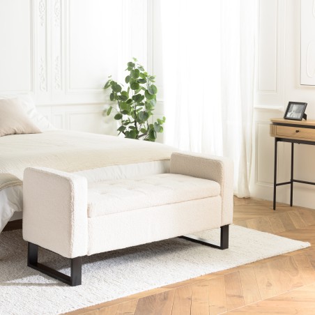 Ecru bouclé fabric bench with storage and black metal legs - LEOPOLD