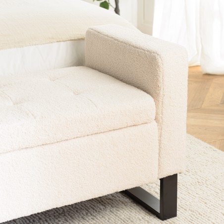Ecru bouclé fabric bench with storage and black metal legs - LEOPOLD