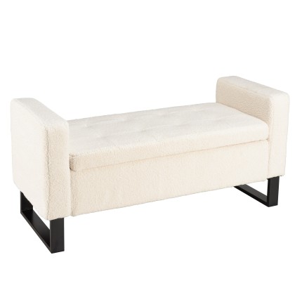 Banc tissu bouclette écru avec rangement et pieds métal noir