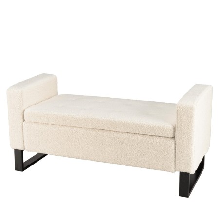 Ecru bouclé fabric bench with storage and black metal legs - LEOPOLD