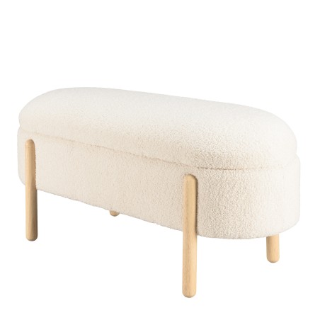 Ecru bouclé fabric bench with storage and wooden legs - LEOPOLD