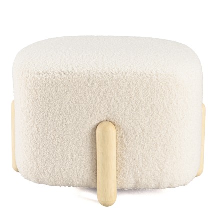 Ecru bouclé fabric pouffe with wooden legs - LEOPOLD