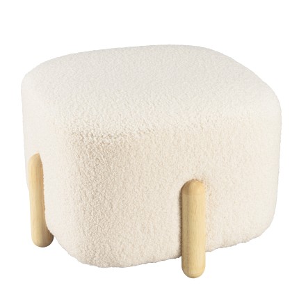 Pouf en tissu bouclette écru et pieds bois - LEOPOLD