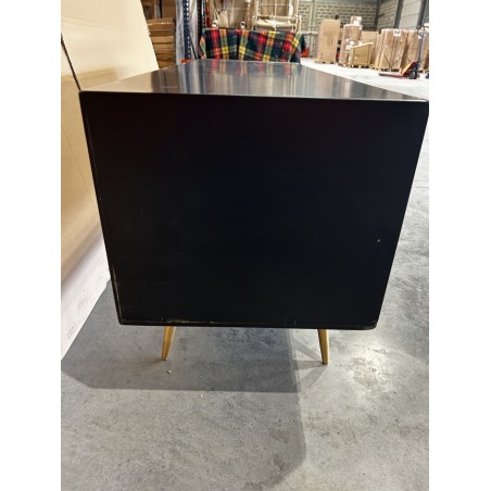 SECONDE MAIN - Meuble TV noir 6 tiroirs scandi bois Sapin marqueté pieds métal doré
