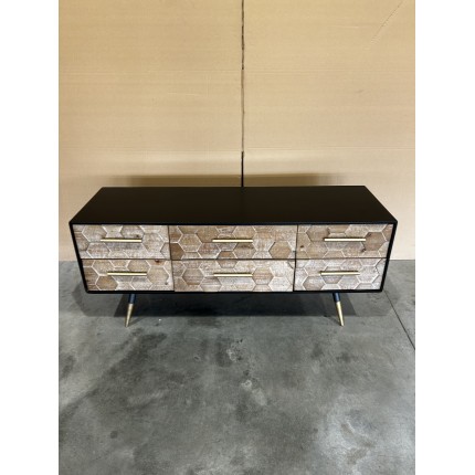 SECONDE MAIN - Meuble TV noir 6 tiroirs scandi bois Sapin marqueté pieds métal doré