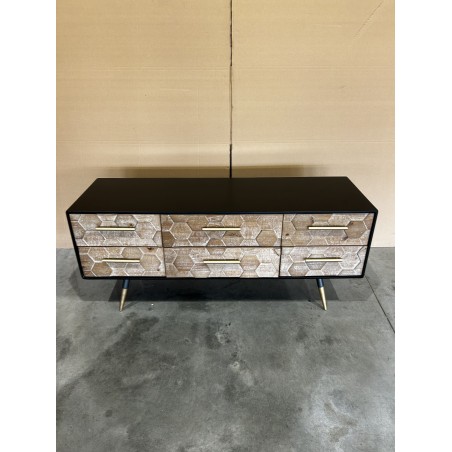 SECOND HAND - Black TV stand with 6 drawers, Scandi-style, in inlaid pine with gold metal legs