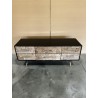 SECONDE MAIN - Meuble TV noir 6 tiroirs scandi bois Sapin marqueté pieds métal doré
