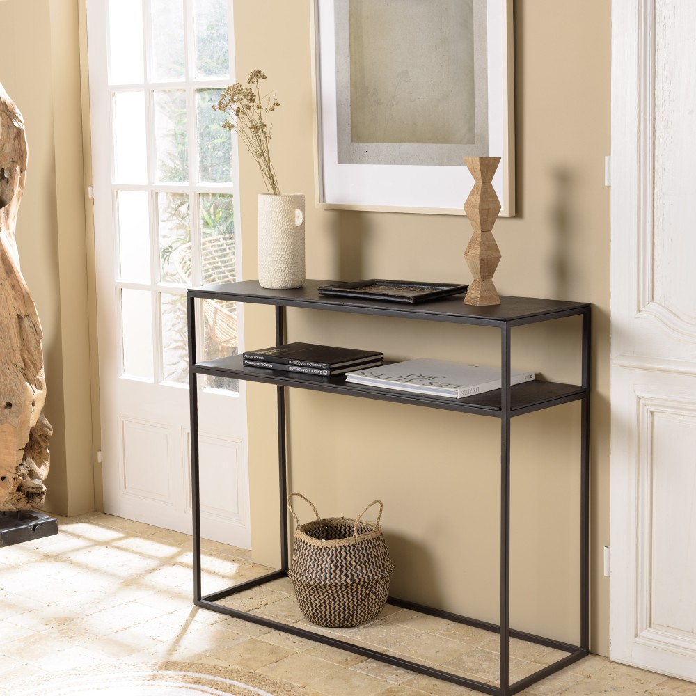 SECONDE MAIN - Console 100x35cm aluminium noir pieds métal SECONDE MAIN - Console 100x35cm aluminium noir pieds métal