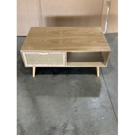 SECONDE MAIN - Table basse couleur naturelle 2 tiroirs 1 niche bois cannage