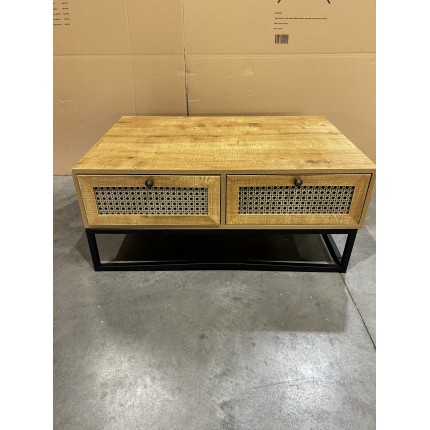 SECOND-HAND - Brown coffee table with 4 drawers, cane effect, black metal legs