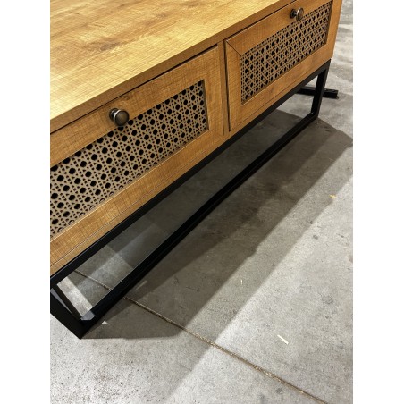 SECONDE MAIN- Table basse marron 4 tiroirs effet cannage pieds métal noir