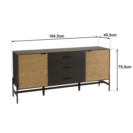 SECOND-HAND - Brown and black sideboard with 3 drawers and 2 doors, pine with black metal legs