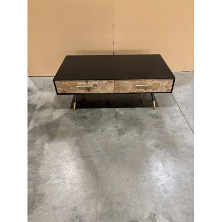 SECONDE MAIN - Table basse noire rectangulaire 2 tiroirs scandi bois sapin marqueté pieds métal doré