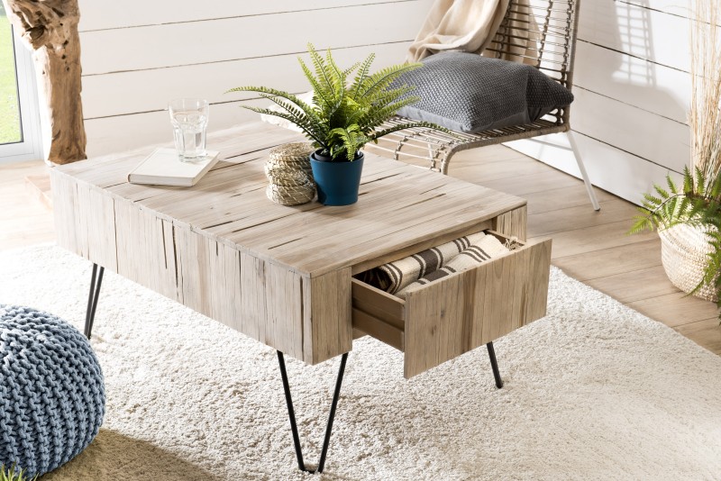 SECONDE MAIN - Table basse rectangulaire 2 tiroirs branches bois Teck naturel - pieds épingles scandi métal SECONDE MAIN - Table basse rectangulaire 2 tiroirs branches bois Teck naturel - pieds épingles scandi métal