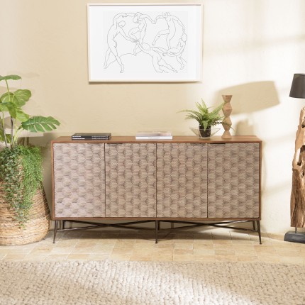 SECONDE MAIN - Buffet en bois de manguier 4 portes motifs ethniques