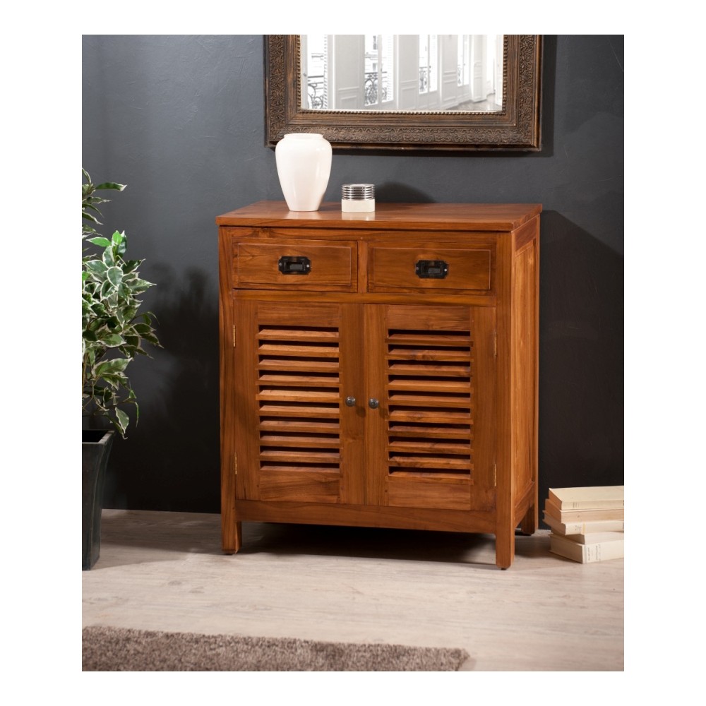 API - Bahut marron 2 portes persiennes 2 tiroirs bois Teck API - Bahut marron 2 portes persiennes 2 tiroirs bois Teck