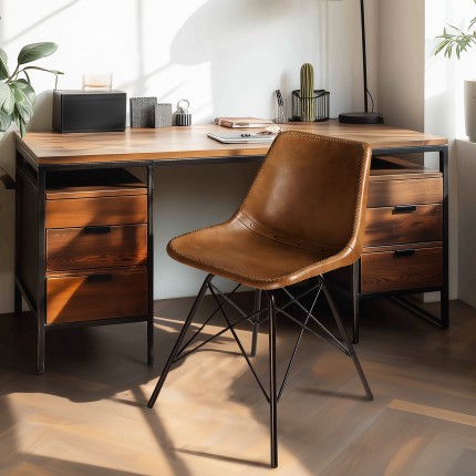 Lot de 2 chaises en cuir marron et pieds acier